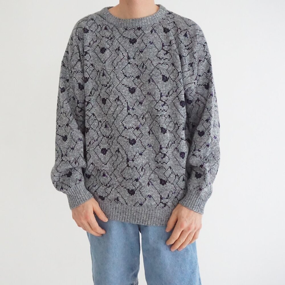 Unbranded Gray Patterned Knit Sweater Eclectic Grandpa Old Money Cozy XL